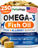 Petsology front packaging showing supplement benefits and 250 count