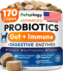 Petsology front packaging showing bottle and 170-count label benefit clear dosage