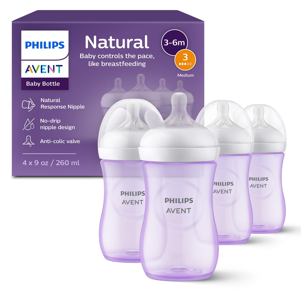 Philips Avent front packaging showing four 9 oz bottles, easy selection benefit
