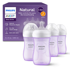 Philips Avent front packaging showing four 9 oz bottles, easy selection benefit