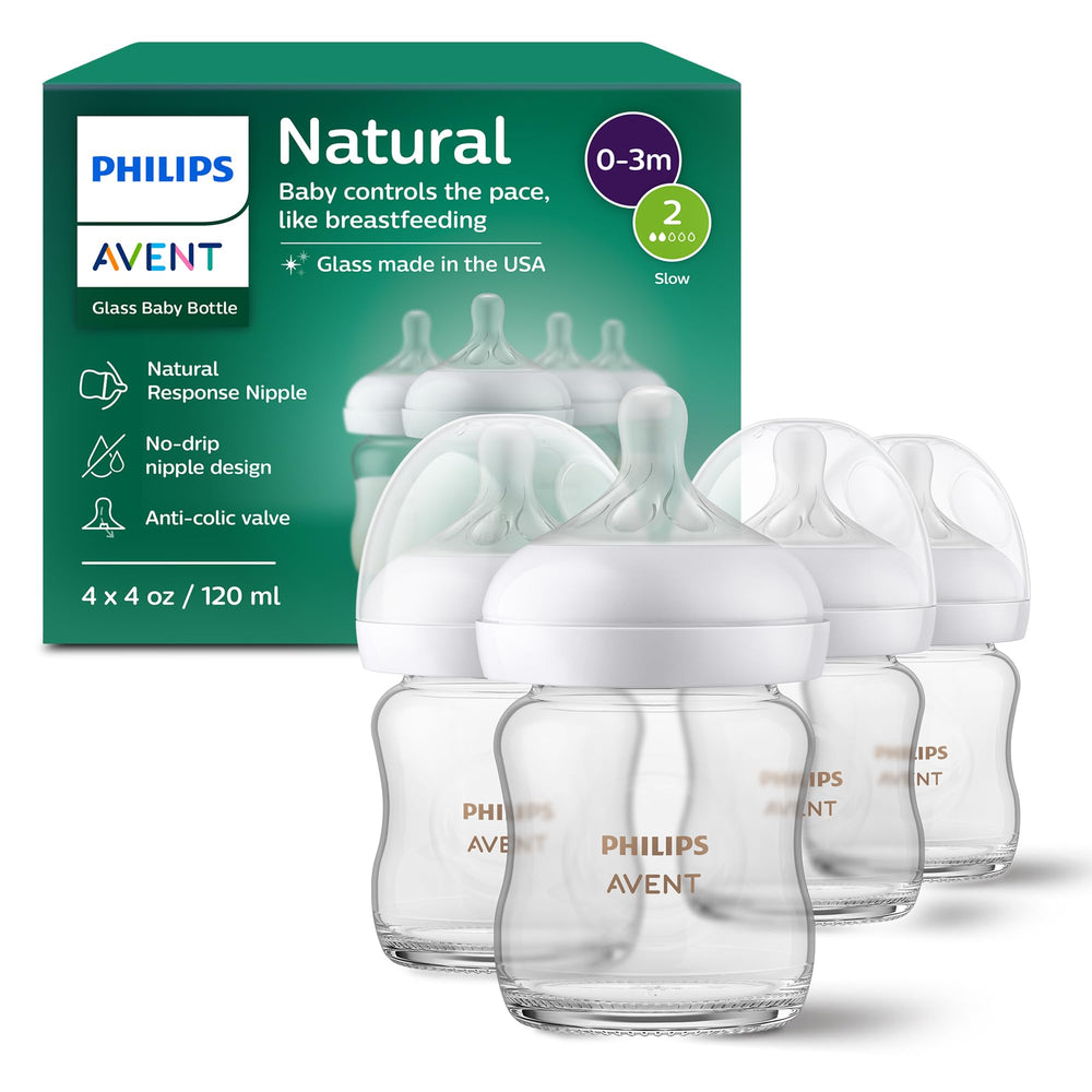 Philips Avent front packaging showing four 4oz glass bottles and benefits