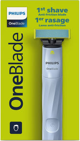 PHILIPS OneBlade front view showing gray handle and safety cutter, easy to hold