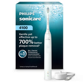 Philips Sonicare 4100 front view showing sleek white handle and power button, for effective brushing