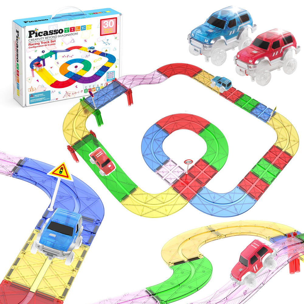 PicassoTiles front packaging showing 30-piece magnetic race track set promoting STEM play