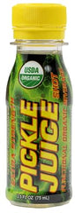 Pickle Juice shot bottle close-up label displaying strength and organic claim
