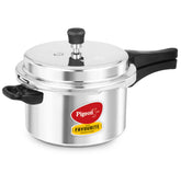 Pigeon 5L pressure cooker front view showing silver aluminium and lid, durable cooking
