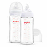 PIGEON glass bottle front view showing clean design and easy pour benefit