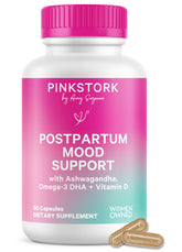 Pink Stork front packaging of Postpartum Mood Support showing clean label and 30‑day supply