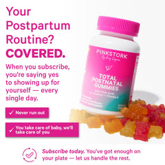 Pink Stork gummy held in hand illustrating size and portable postpartum benefit