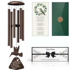 PIXPRI memorial wind chime front view showing engraved message and gift box benefit keepsake