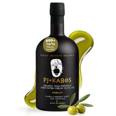 P.J. KABOS front bottle label showing robust organic Greek EVOO benefits