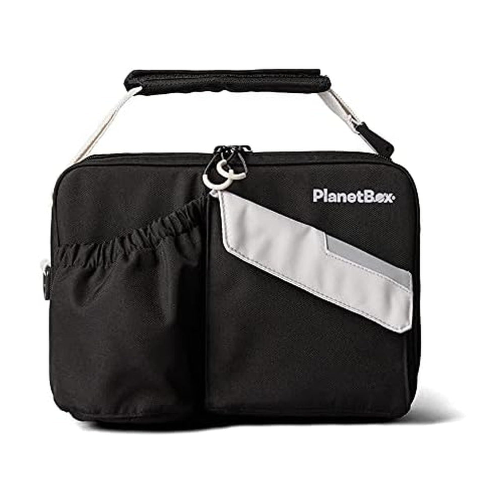 PlanetBox front view of Black Currant bag showing pockets and handle for easy transport