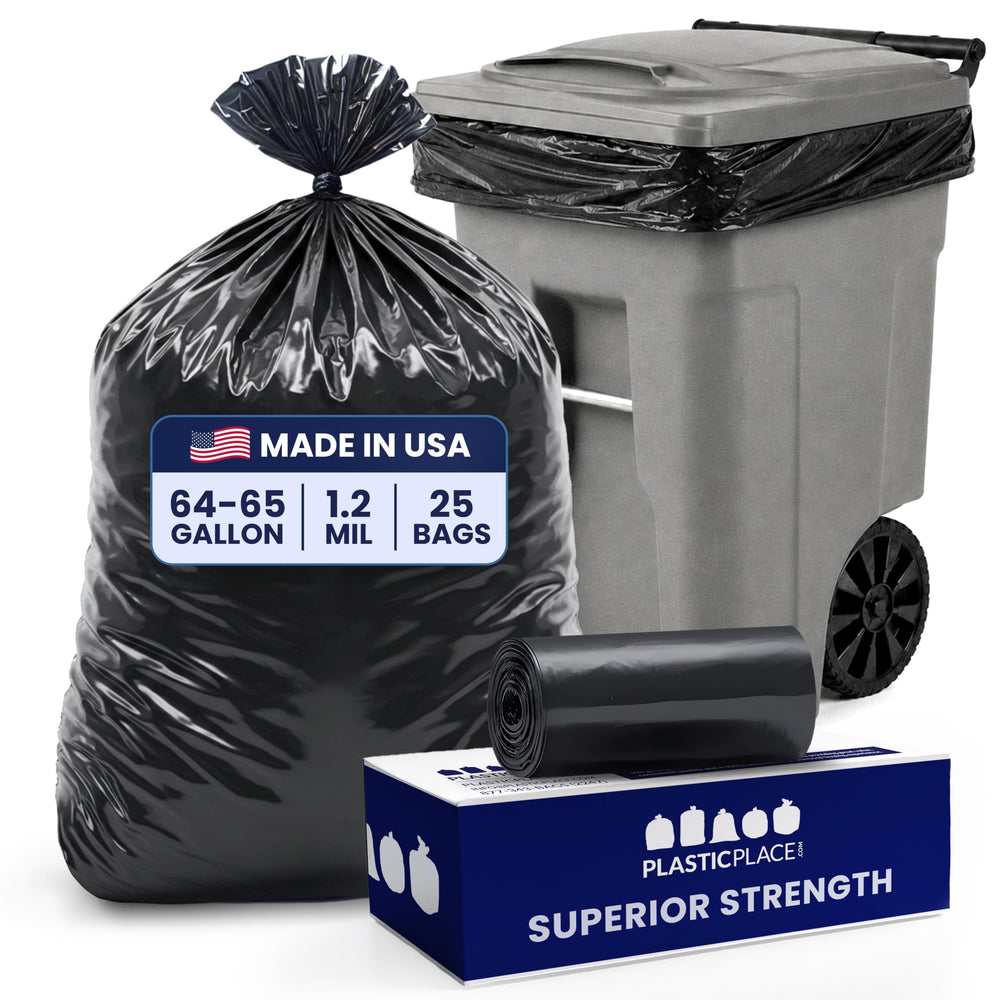 Plasticplace front packaging showing 25-count heavy duty bags and benefit of durability