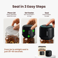 Plateful VacuFresh top sealing head aligned with a mason jar lid for precise fit