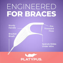 Platypus spatula end sliding under arch wire for safe flossing