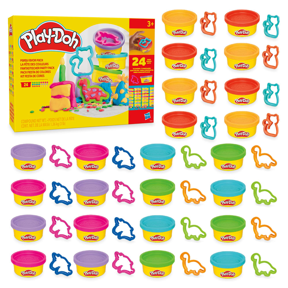 Play-Doh front packaging showing 24 cans and cutters for easy giveaways