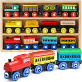 Play22 front packaging showing full 12-piece wooden train set benefit easy gifting