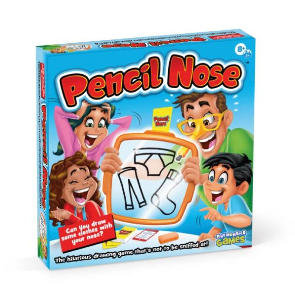 PlayMonster box front showing Pencil Nose family party game and contents benefit laughter