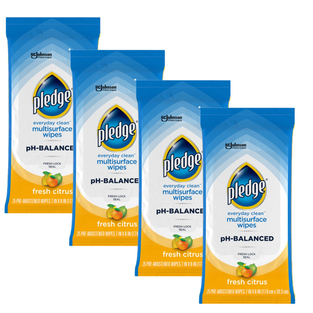 Pledge front packaging showing brand and citrus wipe pack benefit