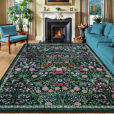 PLHXFR front view of dark green floral rug showing full pattern and benefit anchoring room
