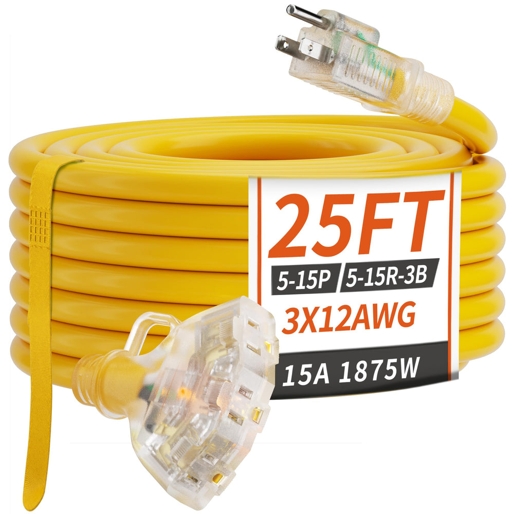 PlugSaf front packaging showing 25ft 12-gauge cord for durable outdoor use