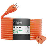 PLUGTUL front view of 50ft extension cord showing orange jacket for easy visibility and safety