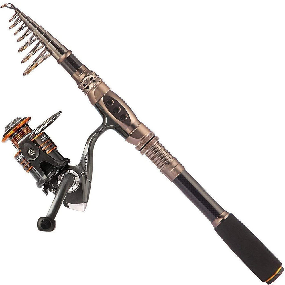 PLUSINNO front view of gold rod and reel combo showing durable finish and portability