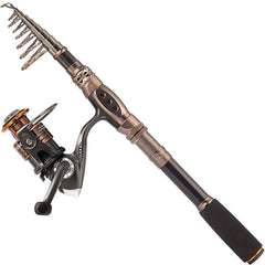 PLUSINNO front view of gold rod and reel combo showing durable finish and portability