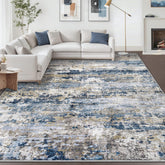 pmtsns front view of 8x10 rug showing abstract design and room styling benefit