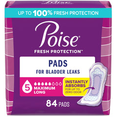 Poise front packaging 84 count showing product and absorbency benefits
