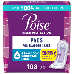 Poise front packaging long 108ct showing count and benefits for reliable supply