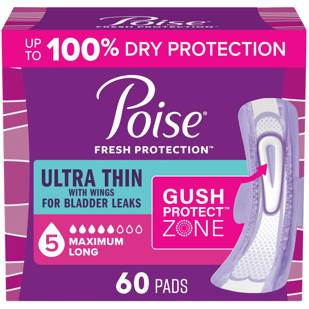 Poise front packaging showing 60-count long pads and brand