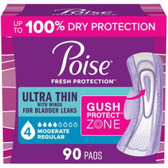 Poise front packaging showing 4 Drop moderate absorbency and count benefit
