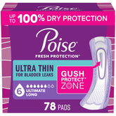 Poise front packaging showing 78 count and long 6 Drop for reliable protection