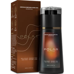 POLAR HAIR CARE front bottle showing medium brown shade and quick color benefit
