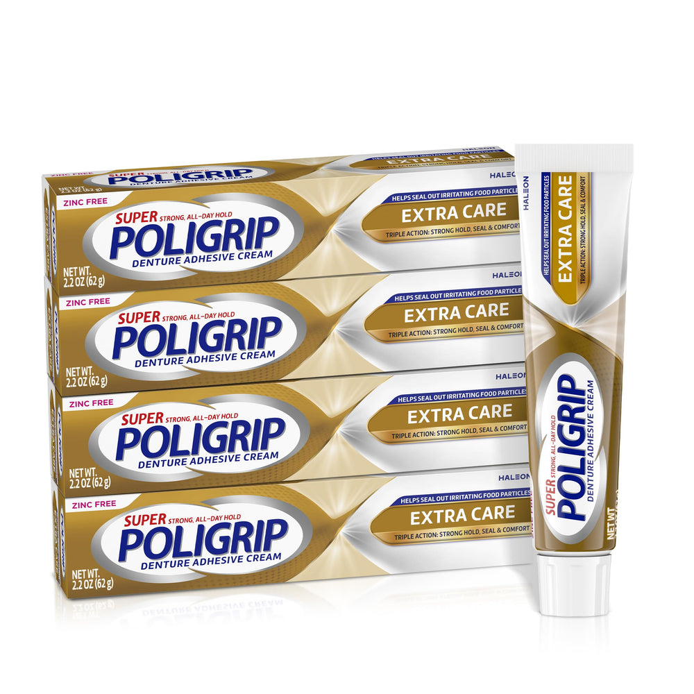 Super Poligrip front packaging showing four tubes and product benefits