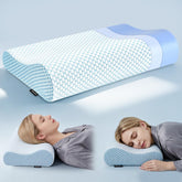 Polovo front view blue pillow showing ergonomic contour and visible support benefit