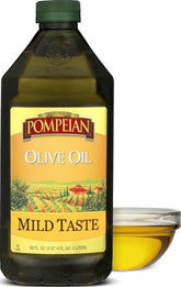 Pompeian front bottle view showing size and mild flavor benefit