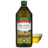Pompeian bottle front label showing organic robust EVOO and bold flavor