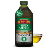 Pompeian smooth extra virgin olive oil front packaging showing bottle and label benefit: reliable everyday use