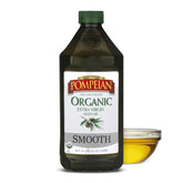 Pompeian bottle front label showing organic smooth EVOO and size benefit