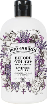 Poo-Pourri refill bottle front view showing lavender vanilla scent and label benefits
