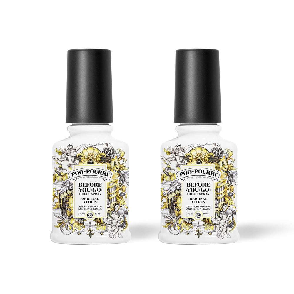 Poo-Pourri front packaging showing compact citrus bottle and benefits