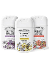 Poo-Pourri front pack display showing travel-ready trio and convenience