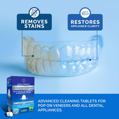 POP ON VENEERS tablet fizzing in water demonstrating fast stain removal