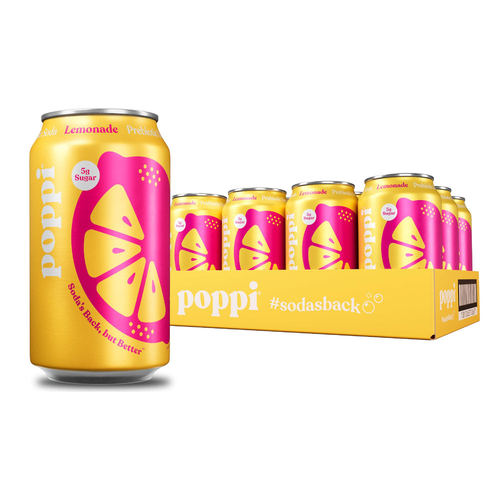 poppi front can showing lemonade design and benefit of refreshing flavor