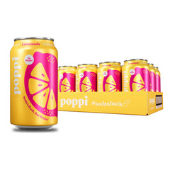 poppi front can showing lemonade design and benefit of refreshing flavor