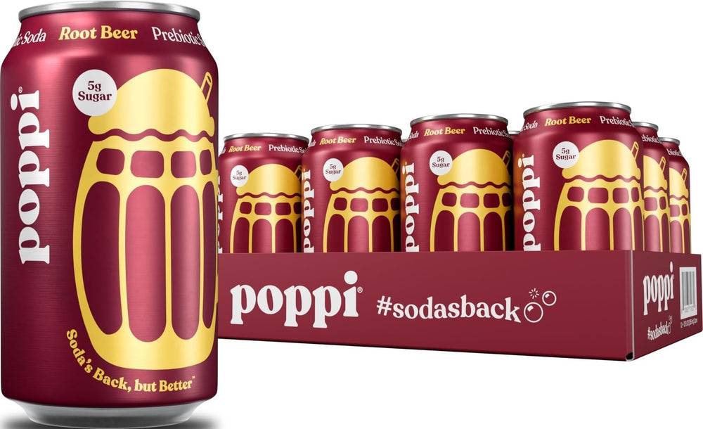 poppi root beer front packaging showing 12-pack and vibrant label, eye-catching shelf presence