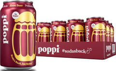 poppi root beer front packaging showing 12-pack and vibrant label, eye-catching shelf presence