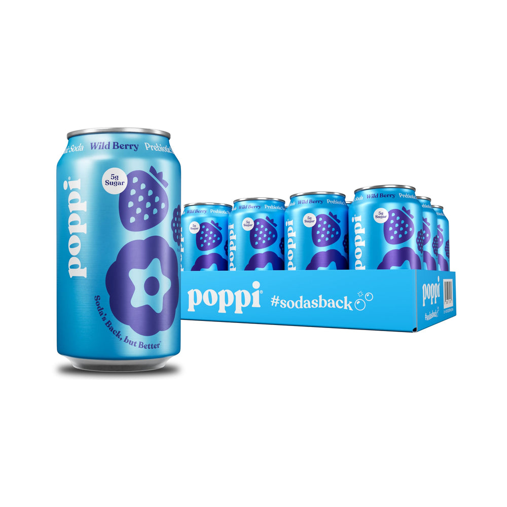 poppi Wild Berry front packaging showing 12-pack cans and bright berry design, refreshment-ready